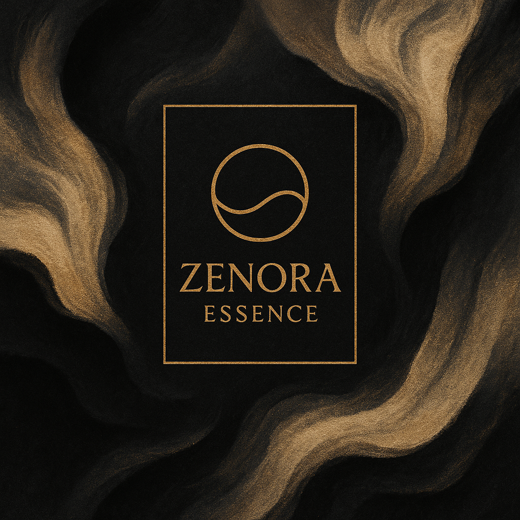 Zenora Essence logo on a dark background with wavy gold designs